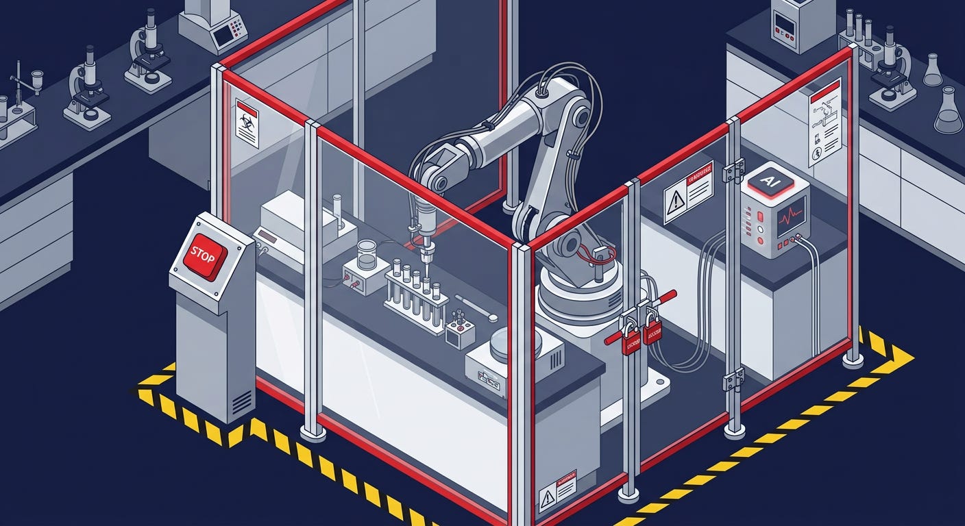 Flat isometric illustration of a robotic arm operating inside a laboratory surrounded by transparent safety barriers, hardware emergency-stop buttons and physical interlocks visibly connected around the machine, a small AI processor controlling the arm from behind the barrier, dark navy background, clean vector art style, bold red, white and metallic grey palette, modern robotics safety editorial aesthetic Flat isometric illustration of a robotic arm operating inside a laboratory surrounded by transparent safety barriers, hardware emergency-stop buttons and physical interlocks visibly connected around the machine, a small AI processor controlling the arm from behind the barrier, dark navy background, clean vector art style, bold red, white and metallic grey palette, modern robotics safety editorial aesthetic