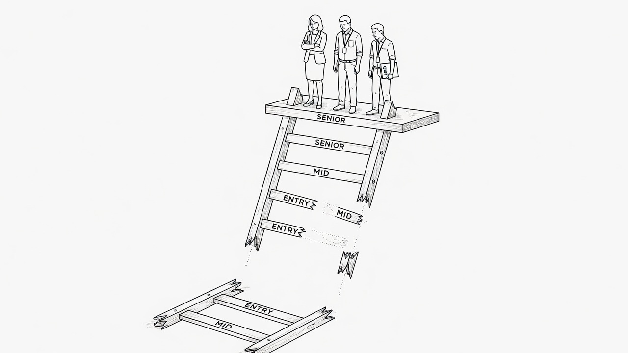 Broken career ladder with missing bottom rungs turned into a shelf
