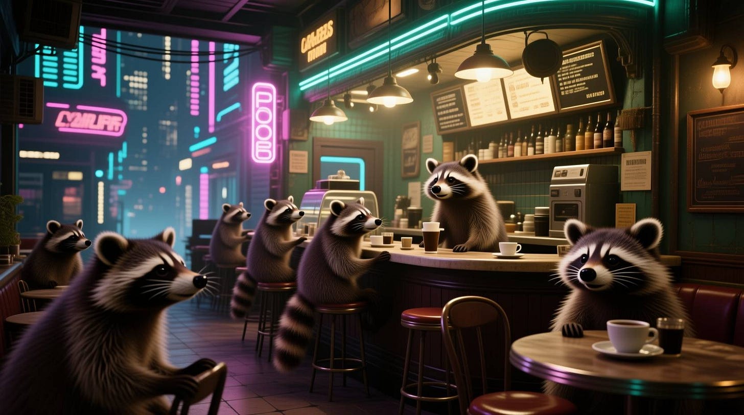 Digital artwork of a cyberpunk-style coffee shop populated entirely by raccoons as customers, with illegible neon signs visible in the windows, pendant lighting over the counter, menu boards on the wall, bottles on shelves behind the bar, and raccoons sitting at tables and the counter with coffee cups