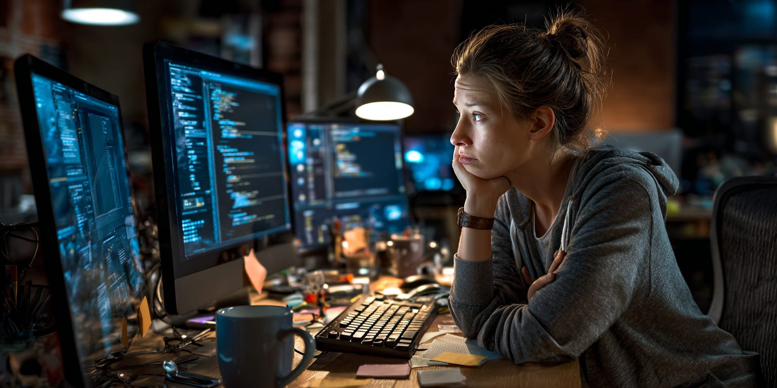 A stressed software developer sitting at a cluttered desk with multiple monitors showing code and error messages, but instead of panic, they appear calm and centered with a subtle stoic composure, warm desk lighting contrasting with cool blue screen glow, coffee cup and scattered sticky notes, realistic photography style, shallow depth of field focusing on the developer's serene expression