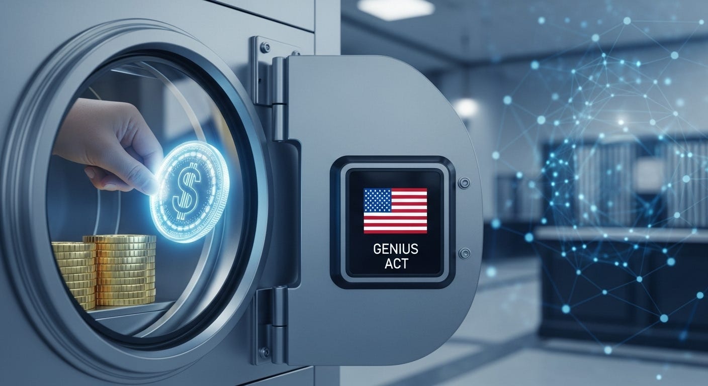 A hand places a glowing digital dollar coin into a futuristic machine labeled with an American flag and the words "GENIUS ACT," which already contains stacks of gold coins.