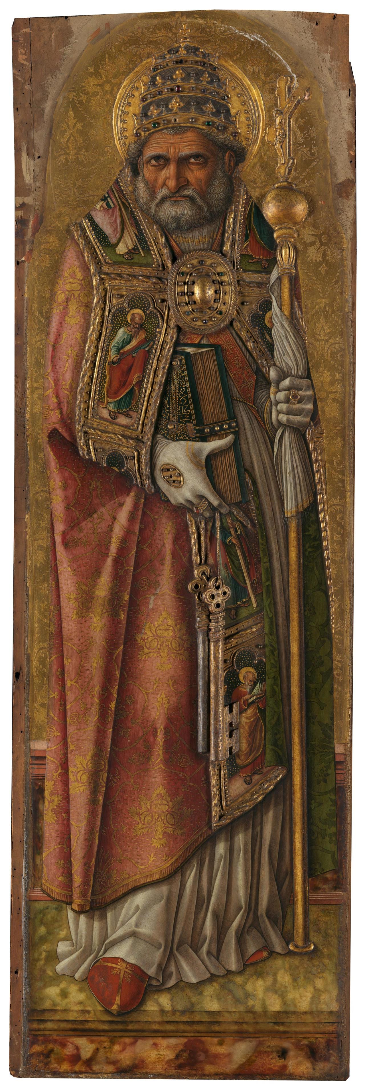 Saint Peter by Carlo Crivelli: the saint in papal tiara and embroidered cope, a pair of gilded keys in hand Saint Peter by Carlo Crivelli: the saint in papal tiara and embroidered cope, a pair of gilded keys in hand