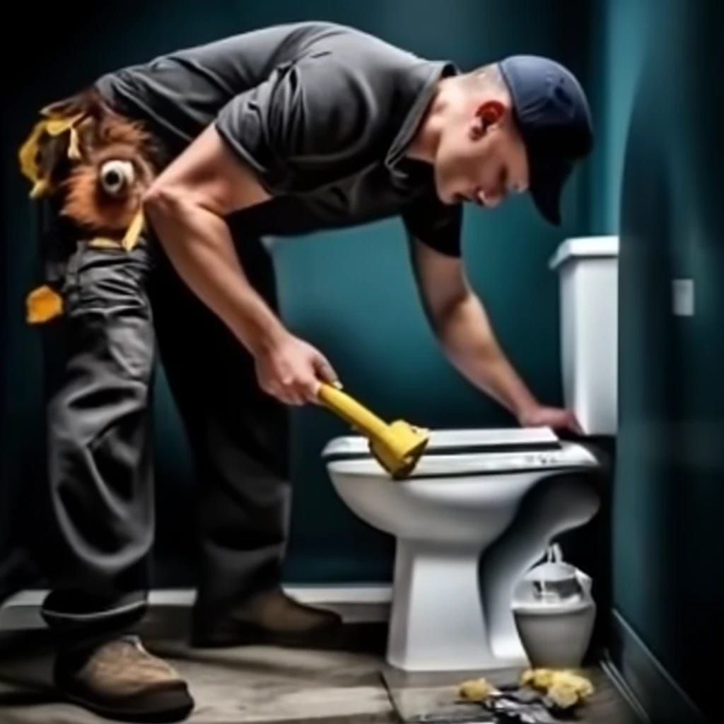 A focused plumber skillfully maneuvers a plunger, tackling a toilet repair