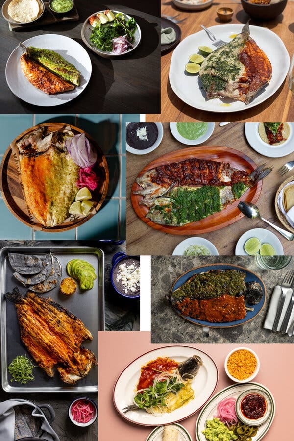 A photo montage show seven different restaurant plates, all of the same style of red and green fish dish. A photo montage show seven different restaurant plates, all of the same style of red and green fish dish.