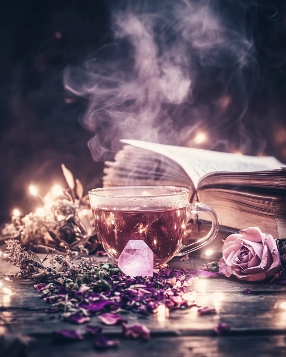 Witch's self-care ritual setup with crystal-charged herbal tea and magical tools