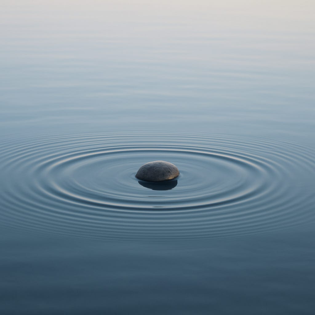 A smooth pebble sits in still blue water, creating soft concentric ripples that expand outward — symbolizing how small, mindful actions create lasting change, in harmony with the article’s themes of stillness, motion, and transformation.