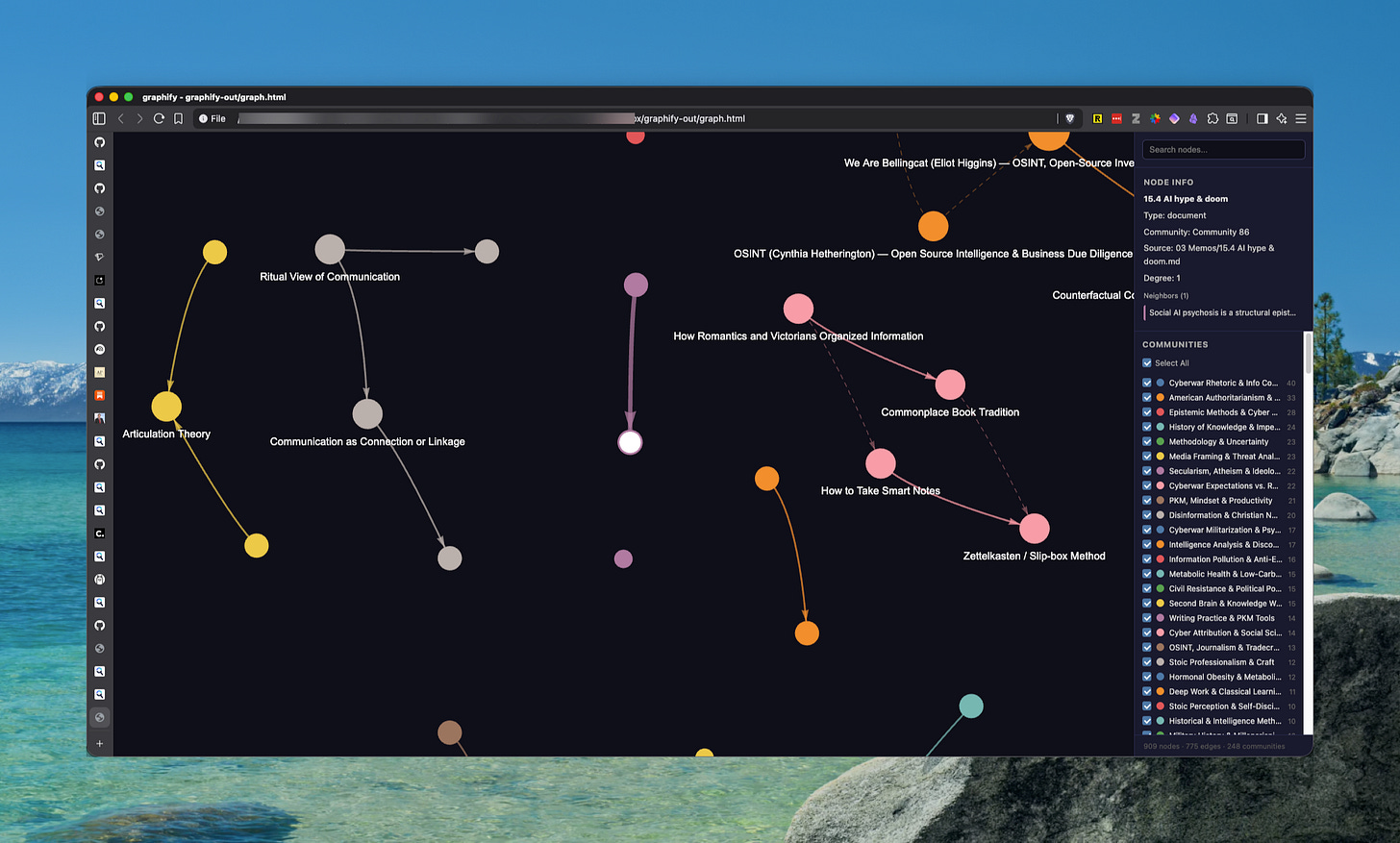 Like Obsidian, the Graphify graph is more useful if I zoom in on particular nodes or clusters. Here I have zoom in to my AI Hype & Doom node. You can see nearby clusters related to OSINT, note taking, communication theory, and articulation theory (which is closely related to communication theory). Like Obsidian, the Graphify graph is more useful if I zoom in on particular nodes or clusters. Here I have zoom in to my AI Hype & Doom node. You can see nearby clusters related to OSINT, note taking, communication theory, and articulation theory (which is closely related to communication theory).