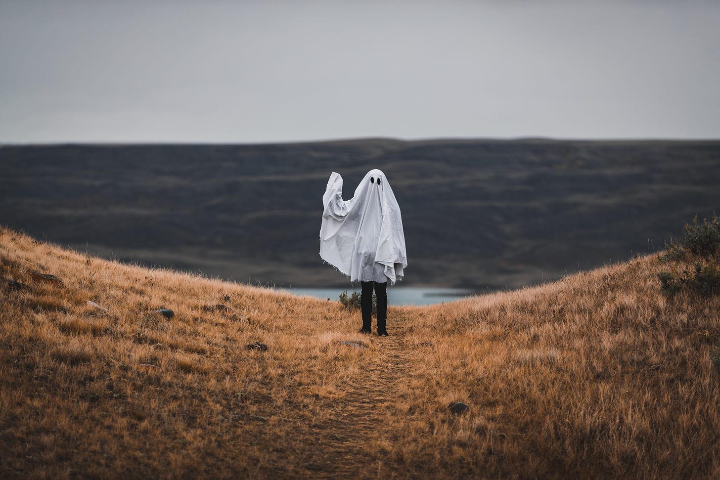 A man wearing a bedsheet over his head standing in the middle of a field, waving A man wearing a bedsheet over his head standing in the middle of a field, waving