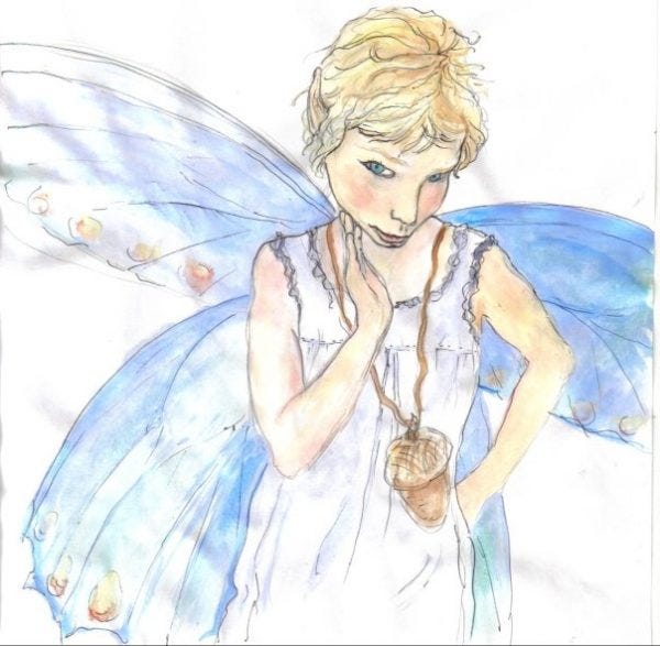 A picture of a little girl in a crown with a magical mushroom, and a drawing with watercolor of a little girl as a fairy.