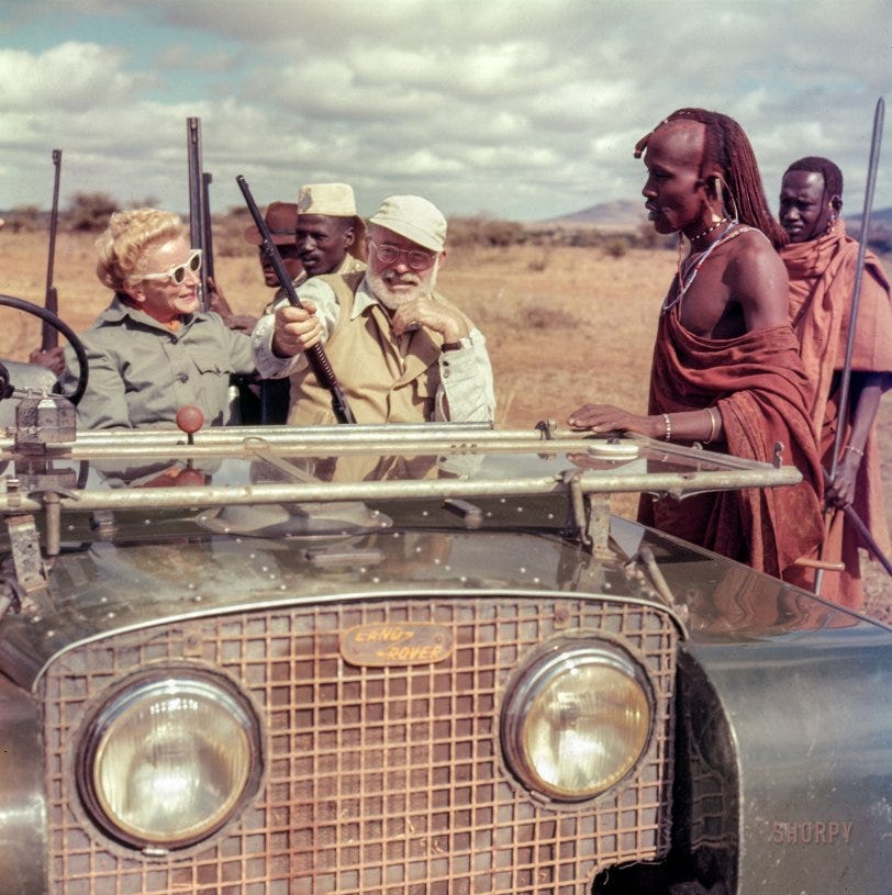 February 1953. "Ernest and Mary Hemingway in Land Rover during safari in Kenya." Color transparency by Earl Theisen. Look magazine archive, Library of Congress. View full size.
February 1953. "Ernest and Mary Hemingway in Land Rover during safari in Kenya." Color transparency by Earl Theisen. Look magazine archive, Library of Congress. View full size.