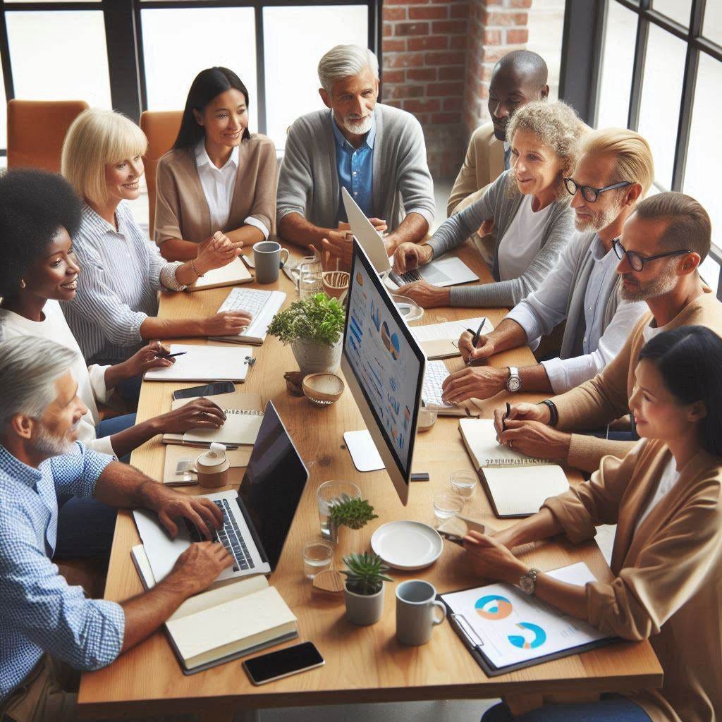 diverse adults collaborating at a conference table with computers