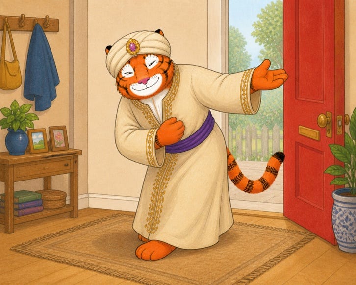 Welcoming tiger in a cosy entrance