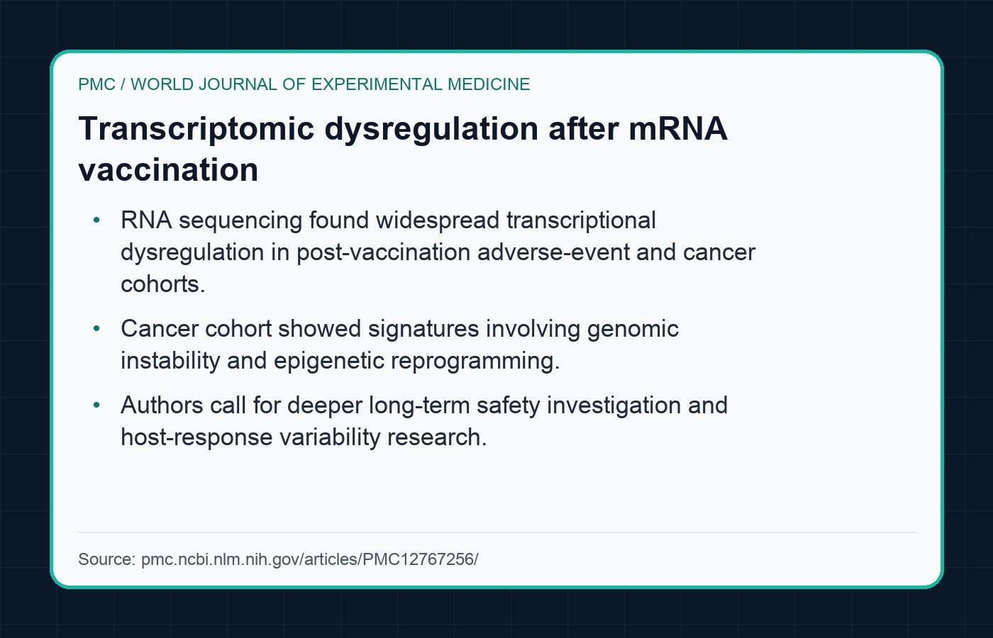 Source card: transcriptomic dysregulation study and its key findings.