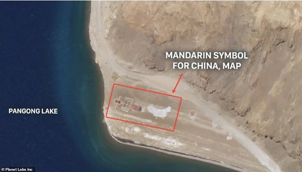 Satellite images show what appears to be Mandarin letters spelling 'China' (left) and a map of the country (right) scrawled on the shoreline of a lake near the disputed border with India Satellite images show what appears to be Mandarin letters spelling 'China' (left) and a map of the country (right) scrawled on the shoreline of a lake near the disputed border with India