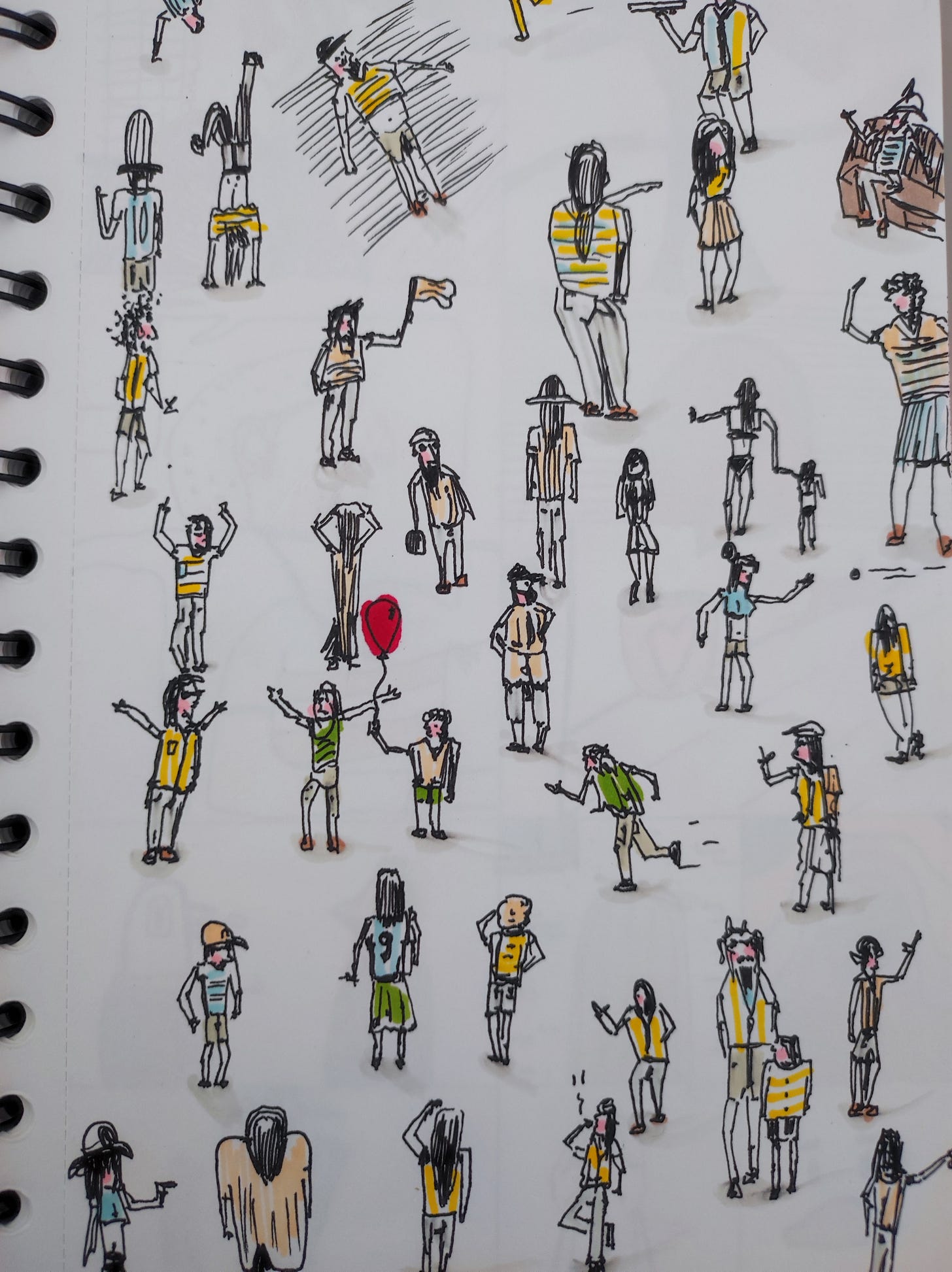 Desenho em estilo minimalista e expressivo com diversas figuras humanas em situações cotidianas. Personagens vestem roupas simples, muitos com detalhes em amarelo ou verde, realizando gestos variados, como acenando, carregando objetos, dançando, ou interagindo uns com os outros. Algumas figuras seguram balões ou fazem poses curiosas, enquanto outras parecem pensativas ou distraídas. A composição é cheia de movimento e vida, com pequenos detalhes sugerindo cenas urbanas ou festivas. Desenho em estilo minimalista e expressivo com diversas figuras humanas em situações cotidianas. Personagens vestem roupas simples, muitos com detalhes em amarelo ou verde, realizando gestos variados, como acenando, carregando objetos, dançando, ou interagindo uns com os outros. Algumas figuras seguram balões ou fazem poses curiosas, enquanto outras parecem pensativas ou distraídas. A composição é cheia de movimento e vida, com pequenos detalhes sugerindo cenas urbanas ou festivas.