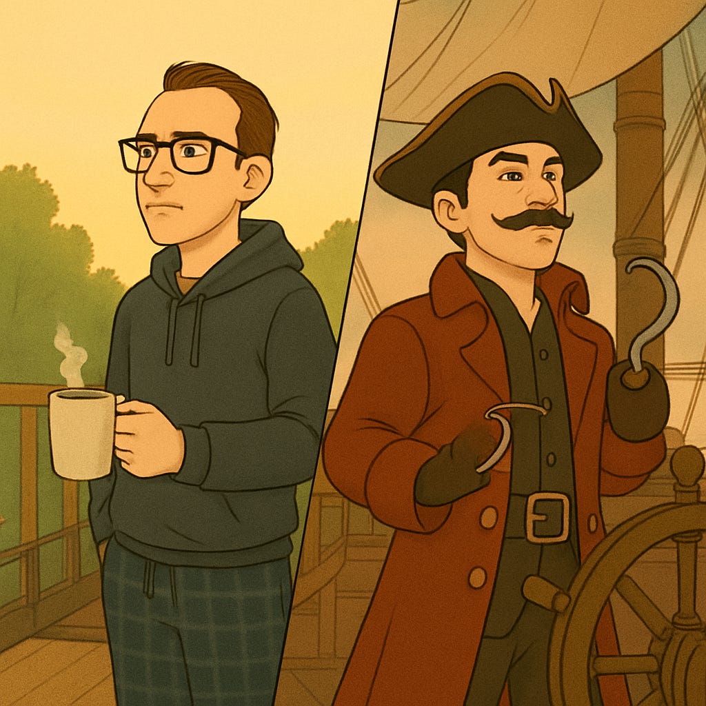 Split image: Left shows a tired dad in pajamas on a deck, holding coffee at sunrise. Right shows the same man as a weary pirate captain with a hook hand on a ship.