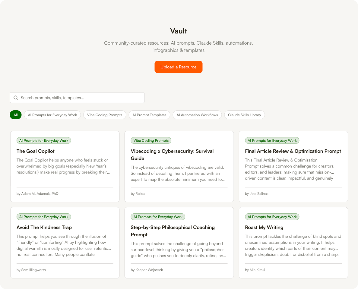 Product with Attitude Vault showing community-curated resources including AI prompts, vibe coding guides, Claude Skills, and automation workflows contributed by members