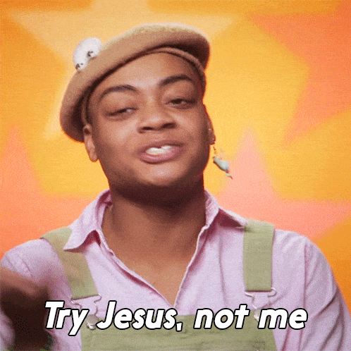 a man in overalls and a beret says try jesus not me a man in overalls and a beret says try jesus not me