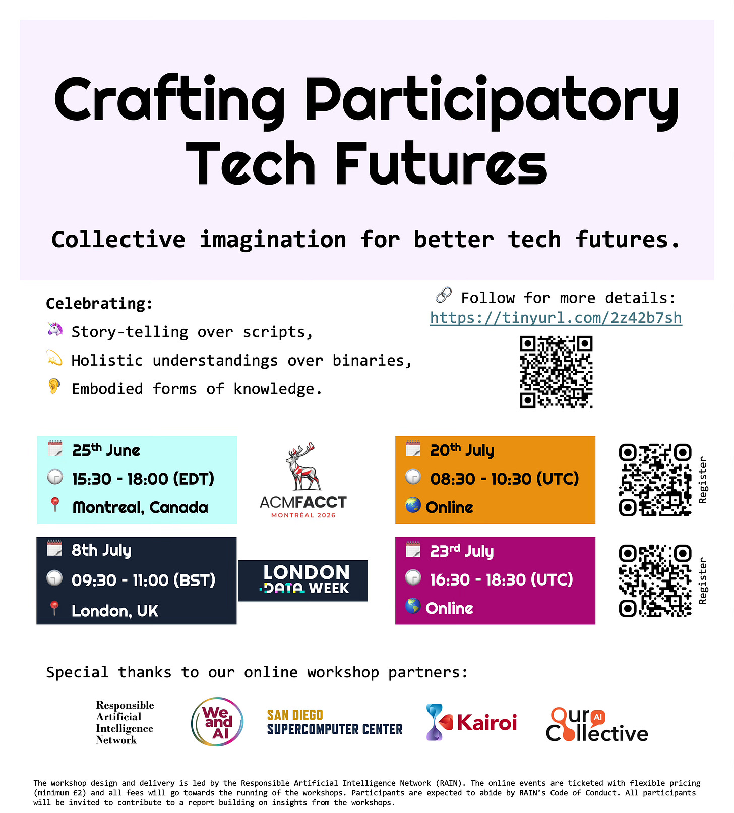 A poster for the Crafting Participatory Tech Futures workshops series, with links to register for each.