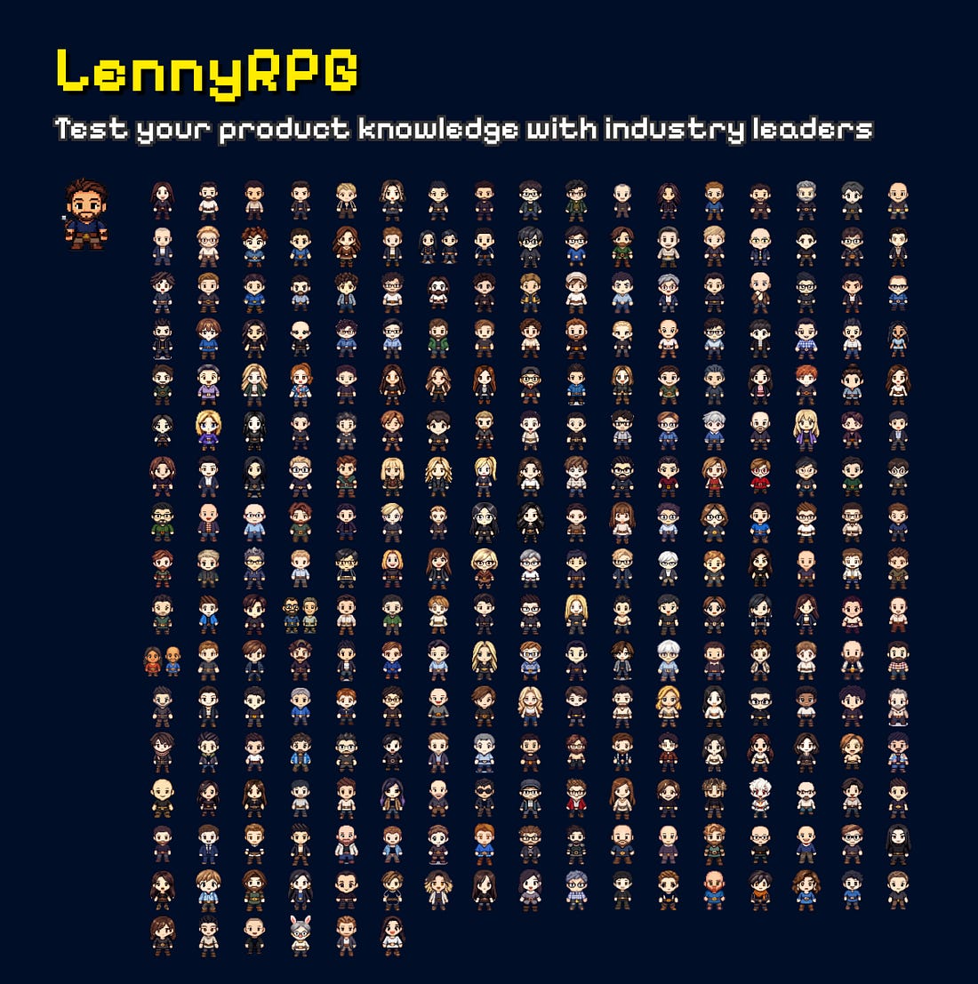 Dark blue background with the title ‘LennyRPG — Test your product knowledge with industry leaders’ above a large grid of colorful pixel art avatars in rows and columns, plus a larger bearded male avatar at top left, captioned ‘Results from creating all the avatars…