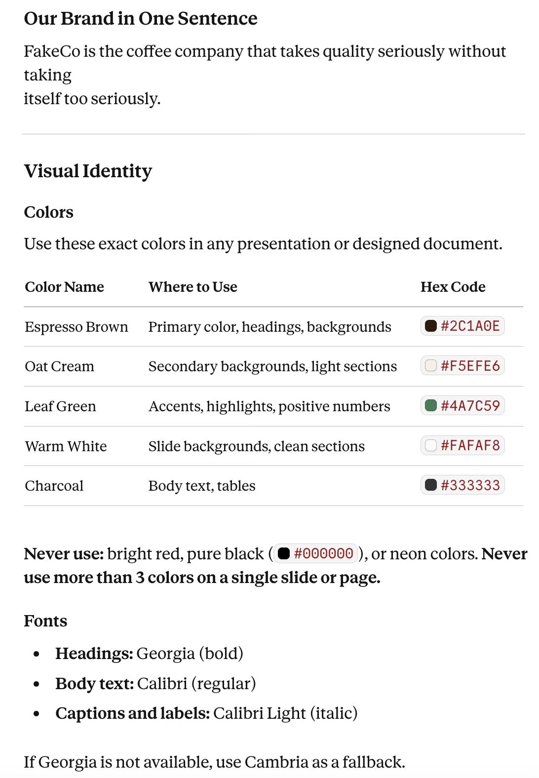 FakeCo Coffee brand guideline document showing hex color codes and typography used in Claude Cowork AI automation example FakeCo Coffee brand guideline document showing hex color codes and typography used in Claude Cowork AI automation example