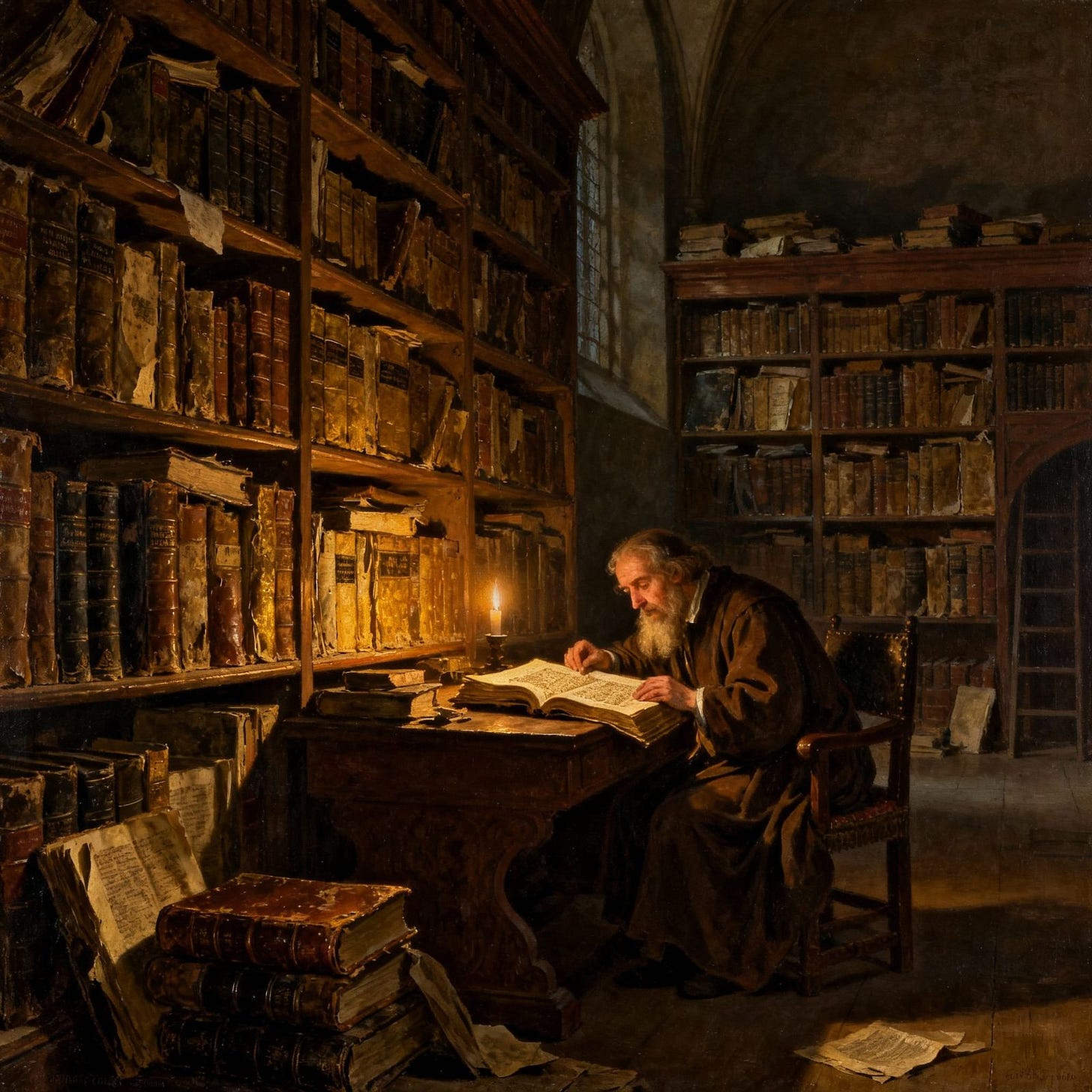 The Lone Scholar - Scholar Studies Ancient Tome in Candlelit... The Lone Scholar - Scholar Studies Ancient Tome in Candlelit...