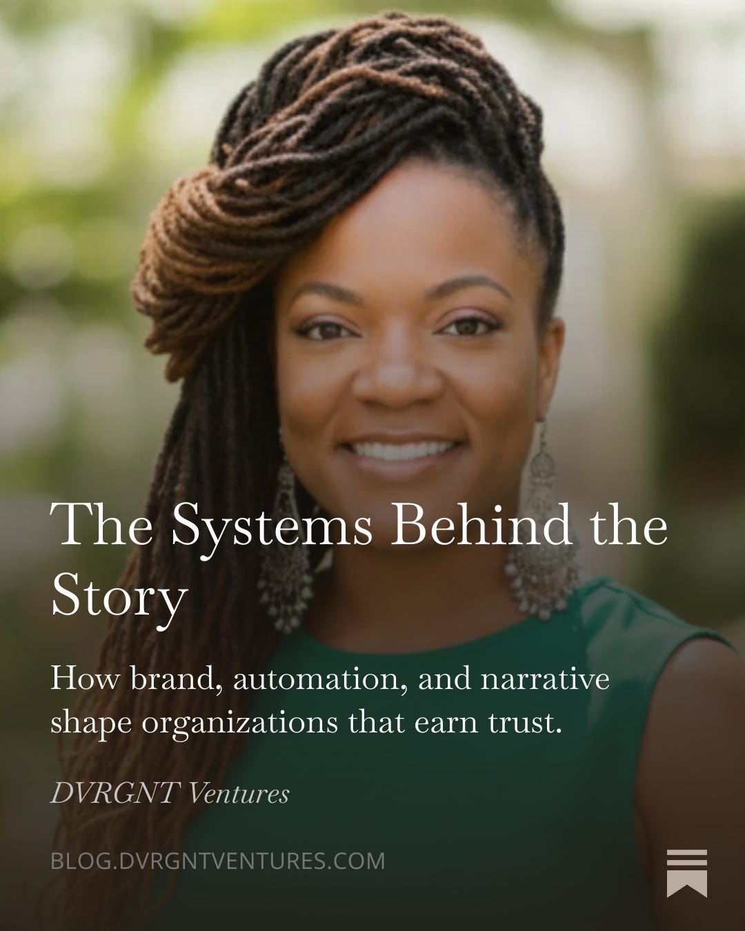 Portrait of Mel M. with the headline “The Systems Behind the Story: How brand, automation, and narrative shape organizations that earn trust.