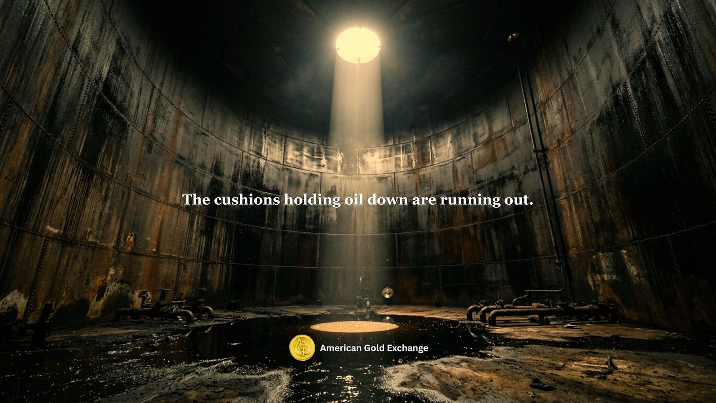 Dark industrial oil tank interior with dramatic light beam and American Gold Exchange branding Dark industrial oil tank interior with dramatic light beam and American Gold Exchange branding