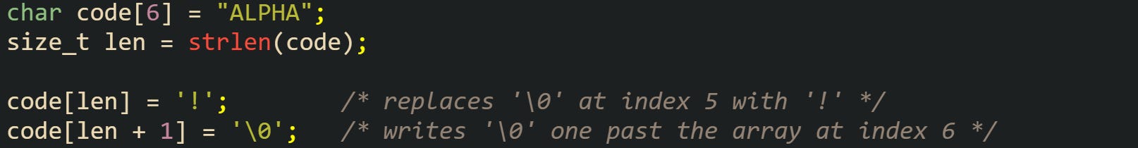 char code[6] = "ALPHA"; size_t len = strlen(code);  code[len] = '!';        /* replaces '\0' at index 5 with '!' */ code[len + 1] = '\0';   /* writes '\0' one past the array at index 6 */