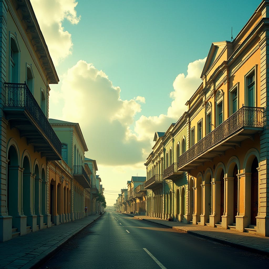 Exquisite Georgian architecture in Kingston, Jamaica, set against a vibrant Caribbean backdrop, with warm, golden light casting long shadows across the ornate facades, evoking a sense of grandeur and history