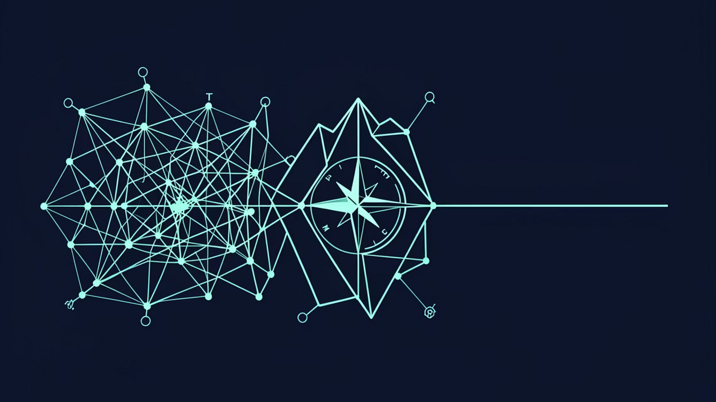 Geometric line illustration on dark navy: a dense tangle of connected nodes on the left resolving through a compass motif into a single clean horizontal line on the right. Geometric line illustration on dark navy: a dense tangle of connected nodes on the left resolving through a compass motif into a single clean horizontal line on the right.