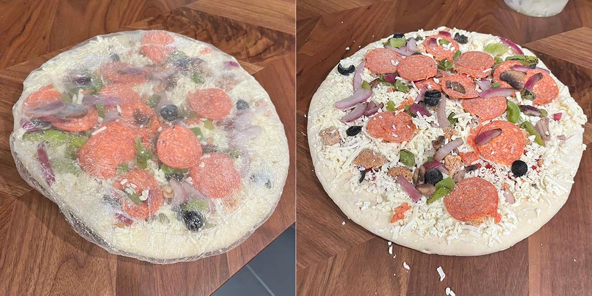 Frozen pie in plastic wrap and out