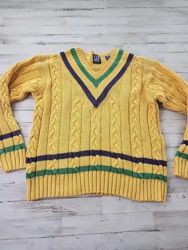 Vintage Gap Sweater Womens Small  Cable Knit V Neck Yellow Blue Green Stripe - Picture 2 of 19