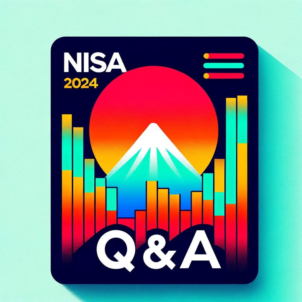 A minimalist and visually clear image for an article titled 'NISA 2024 Q&A'. The design includes a colorful, stylized silhouette of Mount Fuji, symbolizing Japan, and a simple, clear stock market graph, representing the financial aspect. At the center of the image, the text 'NISA 2024 Q&A' is displayed prominently in bold, modern typography. The overall look is clean and straightforward, with vibrant colors to maintain visual appeal, ensuring the text is the focal point and correctly spelled, perfectly suited for an article cover.