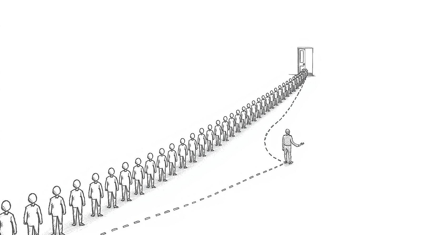 Long job application queue with one figure taking a direct shortcut to the front