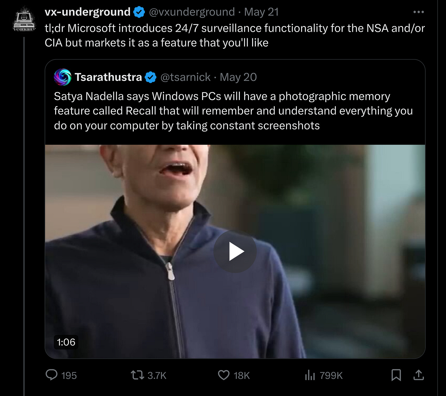 VX-Underground: "tl;dr Microsoft introduces 24/7 surveillance functionality for the NSA and/or CIA but markets it as a feature that you'll like"