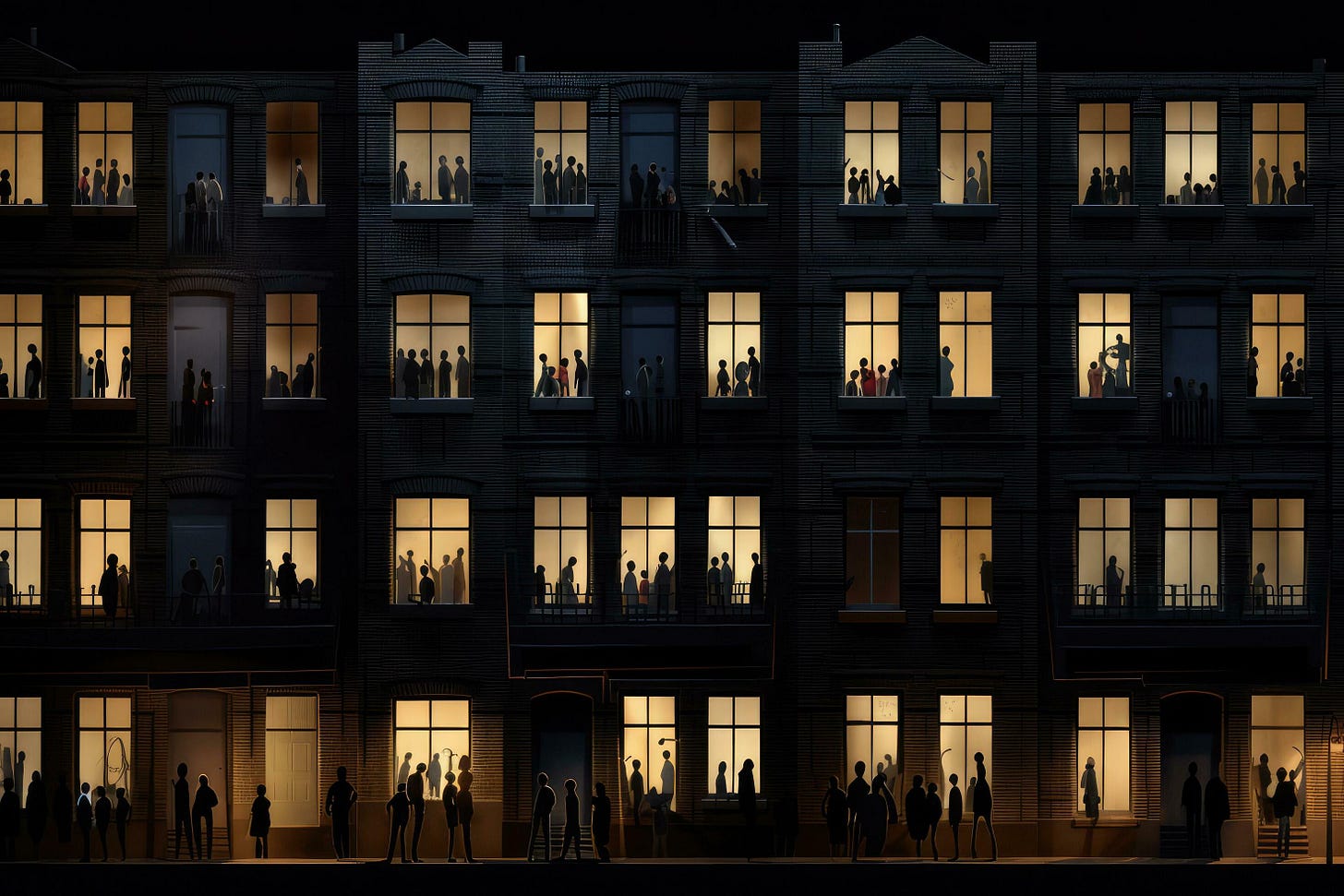 Apartments with silhouettes of people in the windows at night. ,Generative  AI 30604197 Stock Photo at Vecteezy