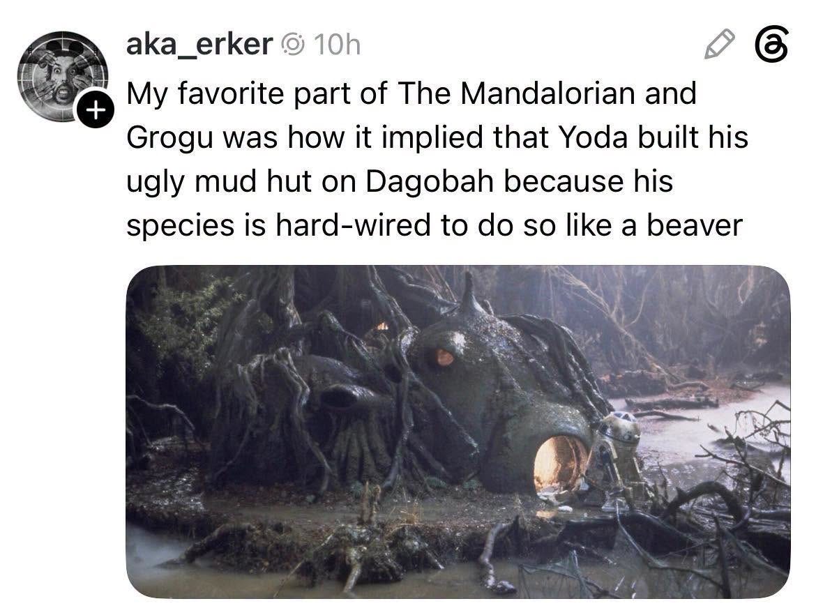 May be an image of text that says 'aka_erker 10h + My favorite part of The Mandalorian and Grogu was how it implied that Yoda built his his ugly mud hut on Dagobah because his species is hard-wired wired to do so like a beaver 3.1K 39 G50 50 53' May be an image of text that says 'aka_erker 10h + My favorite part of The Mandalorian and Grogu was how it implied that Yoda built his his ugly mud hut on Dagobah because his species is hard-wired wired to do so like a beaver 3.1K 39 G50 50 53'