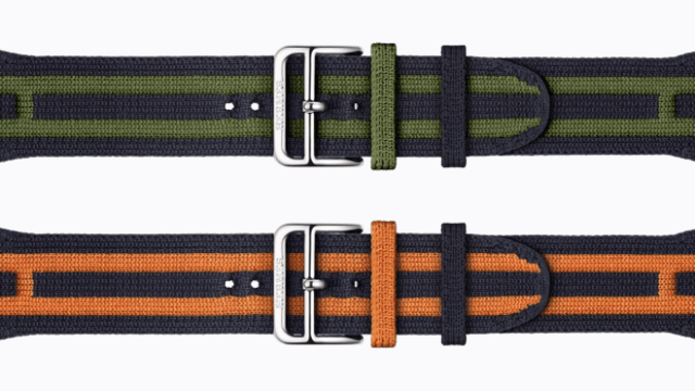 Rocabar Club, a new band in the Apple Watch Hermès collection, features eye-catching color contrasts and an elongated H knitted in a graphic, three-dimensional pattern.