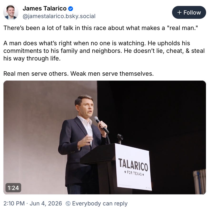 There’s been a lot of talk in this race about what makes a "real man." A man does what’s right when no one is watching. He upholds his commitments to his family and neighbors. He doesn’t lie, cheat, & steal his way through life. Real men serve others. Weak men serve themselves. There’s been a lot of talk in this race about what makes a "real man." A man does what’s right when no one is watching. He upholds his commitments to his family and neighbors. He doesn’t lie, cheat, & steal his way through life. Real men serve others. Weak men serve themselves.