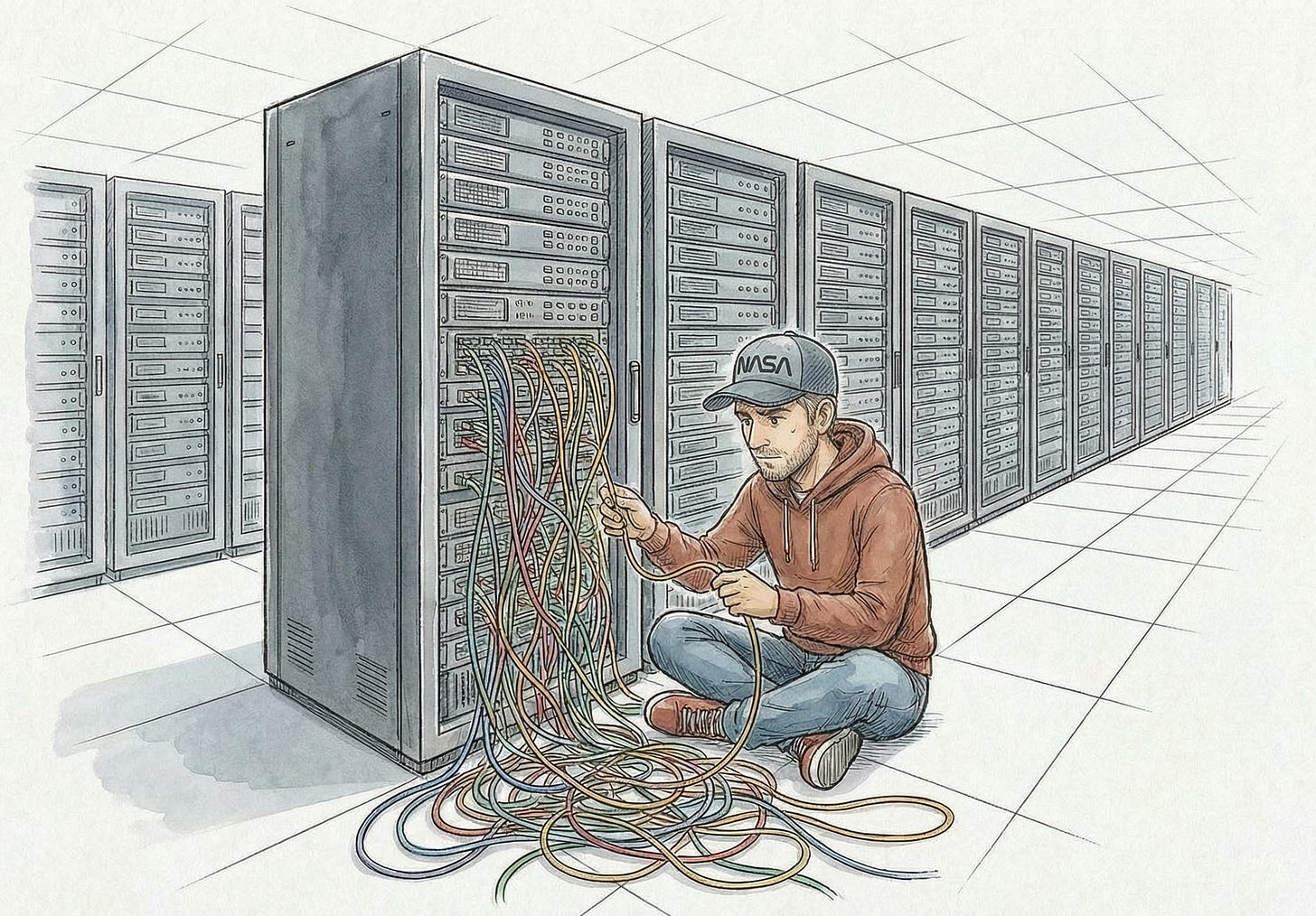Engineer in gray-blue NASA baseball cap and rust-brown hoodie seated in front of a towering server rack, carefully sorting through cables with rows of similar racks stretching behind, hand-drawn watercolor with isometric 3D perspective