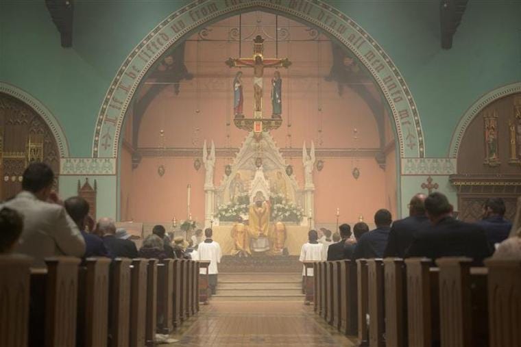 Holy Mass at Mount Calvary Catholic Church in Baltimore. The pastor, Father Albert Scharbach, told CNA that “families need to be fed spiritually; that’s the priority.” Holy Mass at Mount Calvary Catholic Church in Baltimore. The pastor, Father Albert Scharbach, told CNA that “families need to be fed spiritually; that’s the priority.”