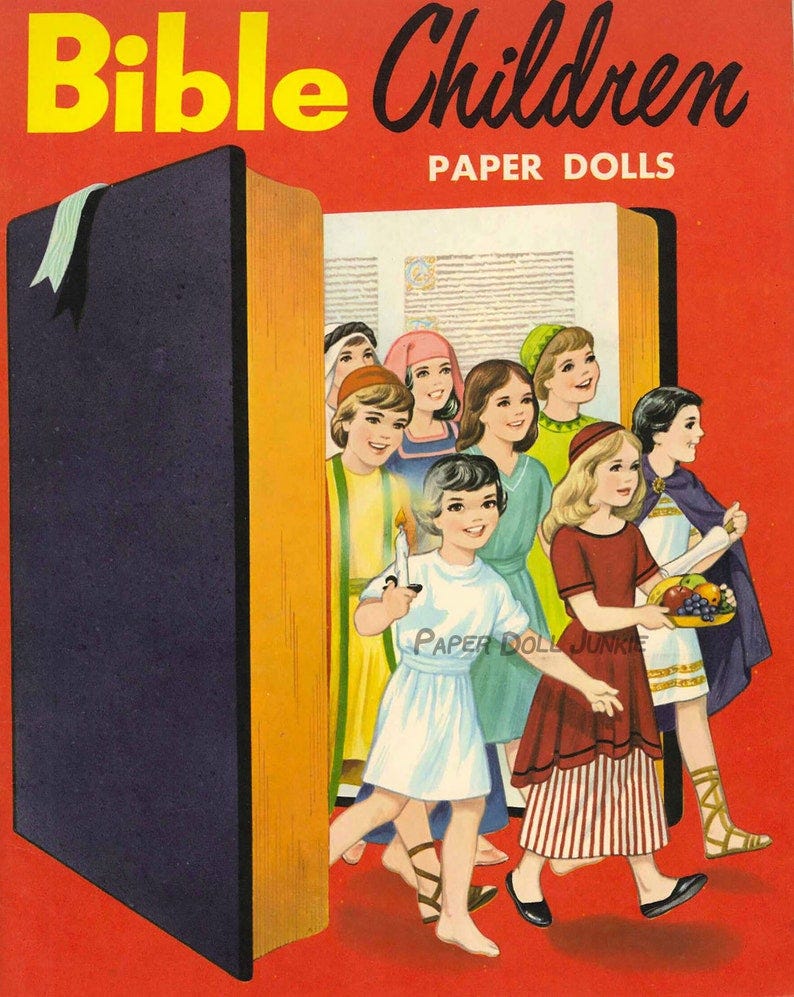 May include: A vintage book cover with the title "Bible Children Paper Dolls". The cover features a large open book with a group of children dressed in biblical clothing walking out of the book. The children are holding various items, including a candle, a basket of fruit, and a scroll. May include: A vintage book cover with the title "Bible Children Paper Dolls". The cover features a large open book with a group of children dressed in biblical clothing walking out of the book. The children are holding various items, including a candle, a basket of fruit, and a scroll.