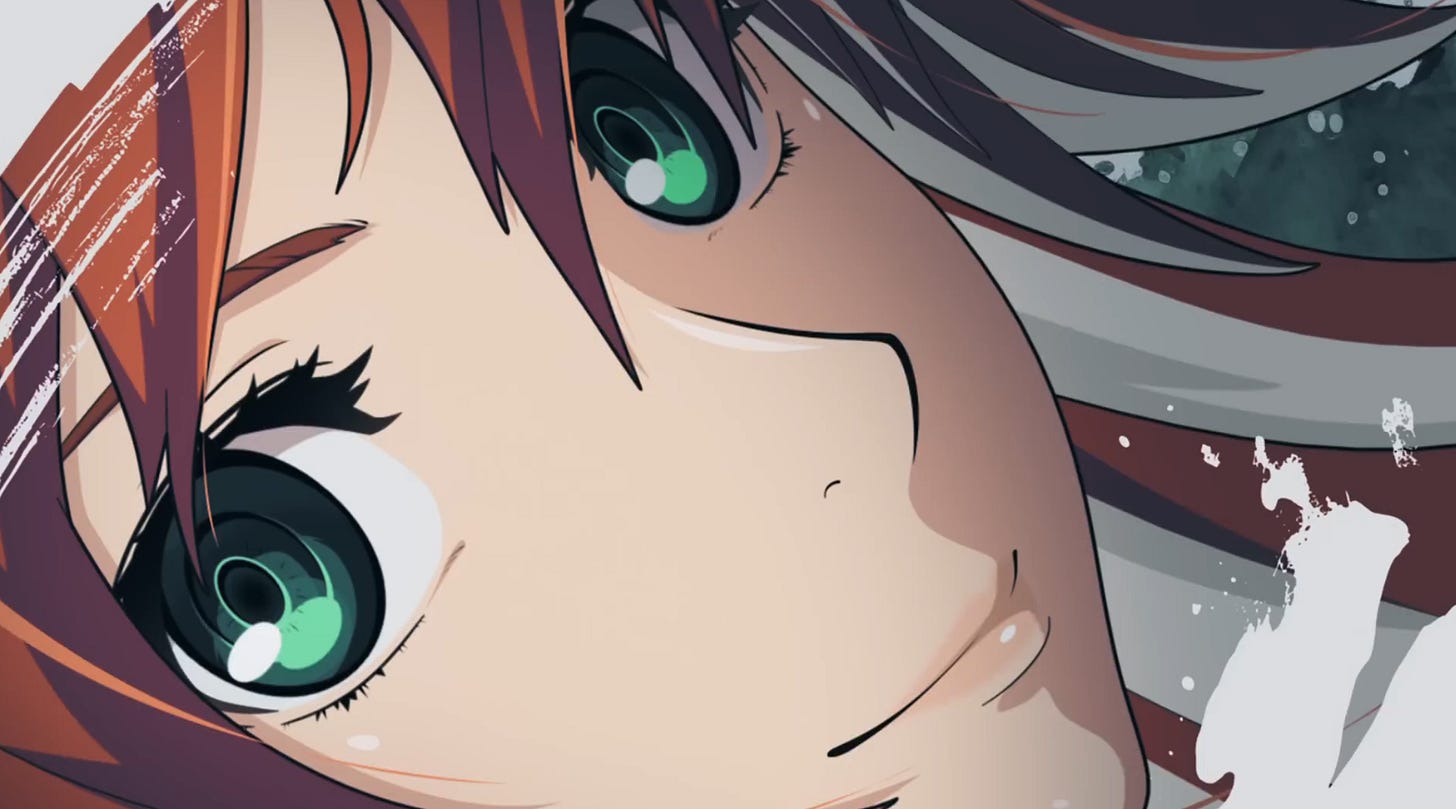 An extreme closeup shot of Jack-O' Valentine's face. She's smiling slightly and looking at the viewer.