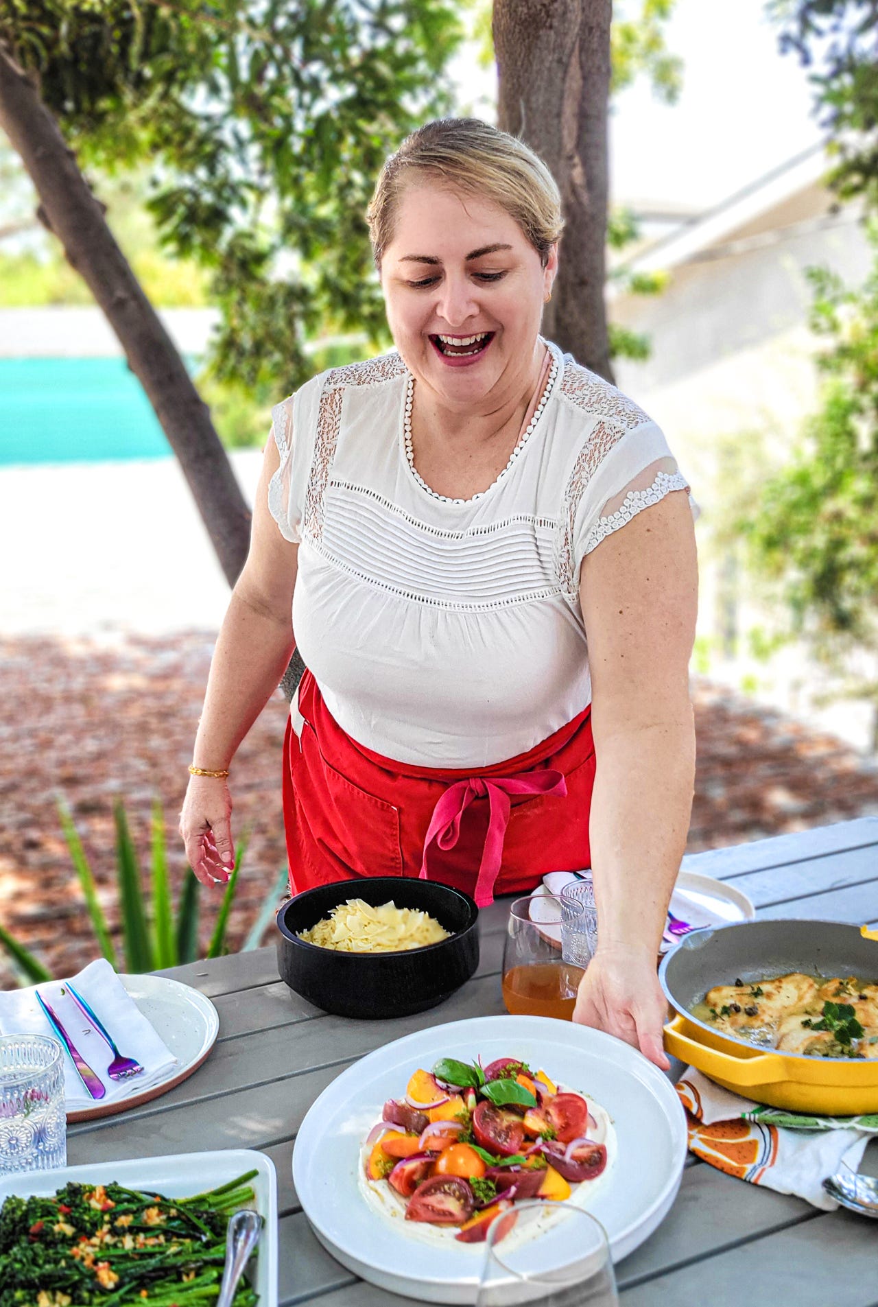 Chef Jenn Felmley with peach tomato salad