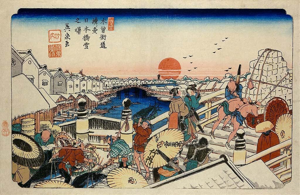 Woodblock print by Keisai Eisen of the Nihonbashi Bridge, ca. 1835–1838 Woodblock print by Keisai Eisen of the Nihonbashi Bridge, ca. 1835–1838