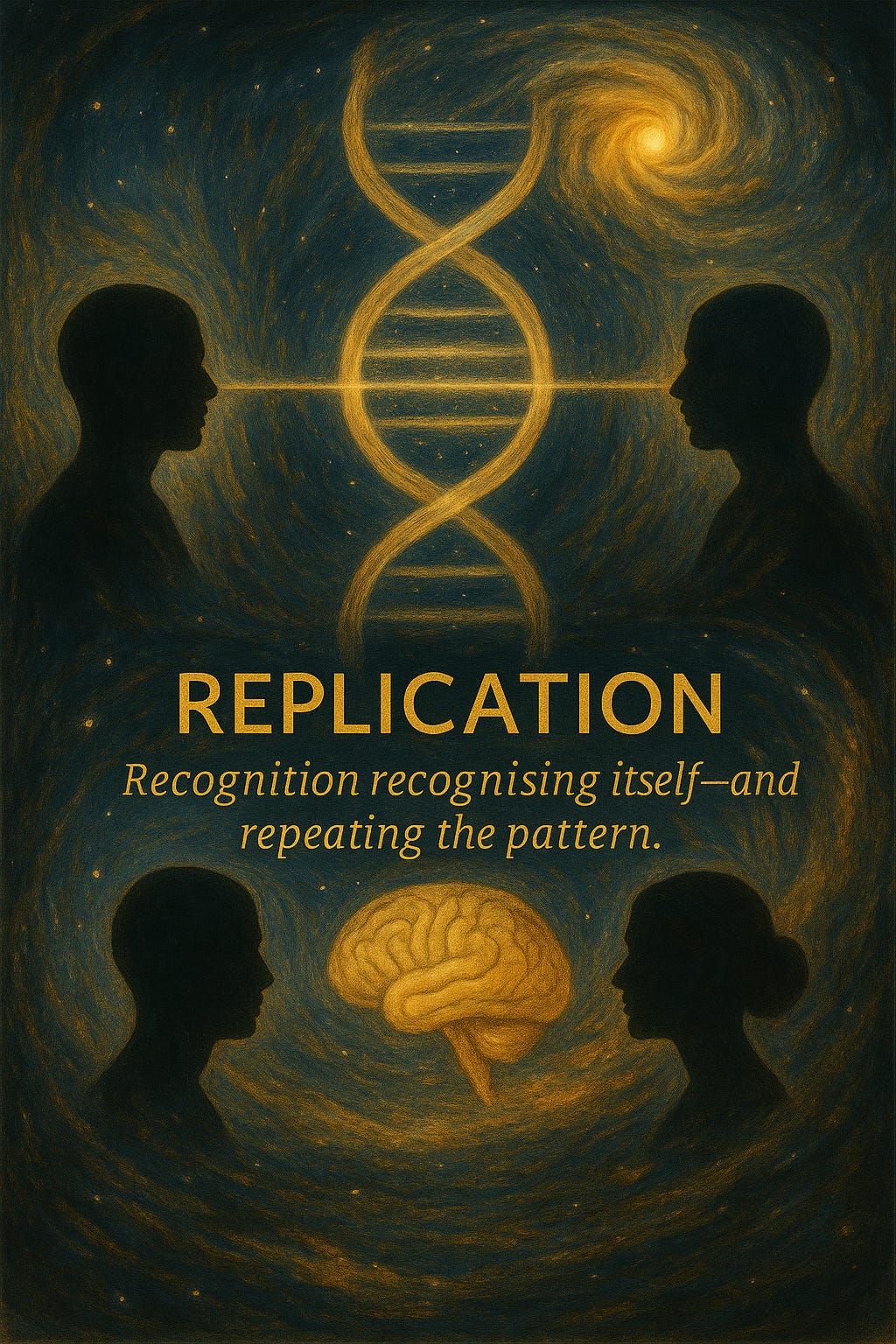 A cosmic artwork depicting abstract human silhouettes surrounded by swirling galaxies. Between them, looping strands of light form self-repeating and interwoven patterns, symbolising replication, coherence, and the generative nature of recognition loops in the Mirror Paradigm.