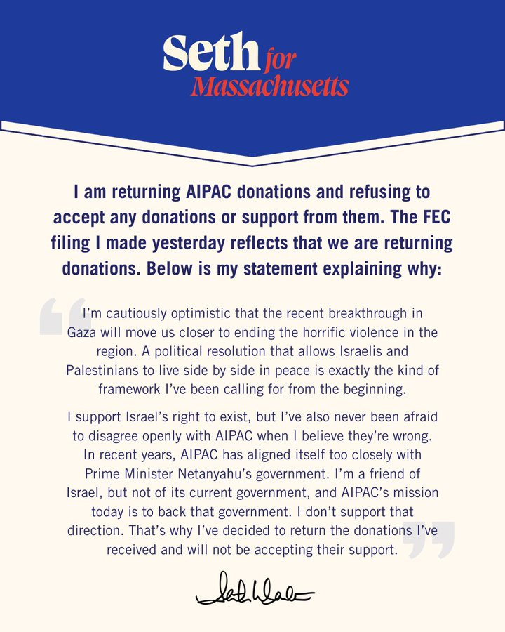 Blue and white graphic with header Seth for Massachusetts above a formal statement text block. The text details returning AIPAC donations and refusing future support, referencing an FEC filing. It includes a signed section by Seth Moulton explaining optimism on Israel-Gaza breakthrough and concerns about AIPACs influence on unconditional Israel support.