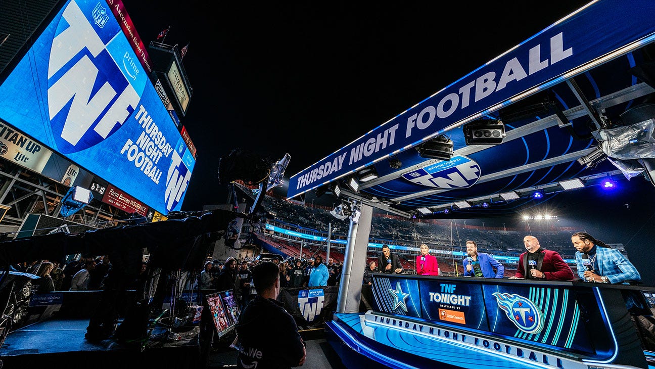 Tony Gonzalez, Charissa Thompson, Ryan Fitzpatrick, Andrew Whitworth, and Richard Sherman on set for Thursday Night Football
