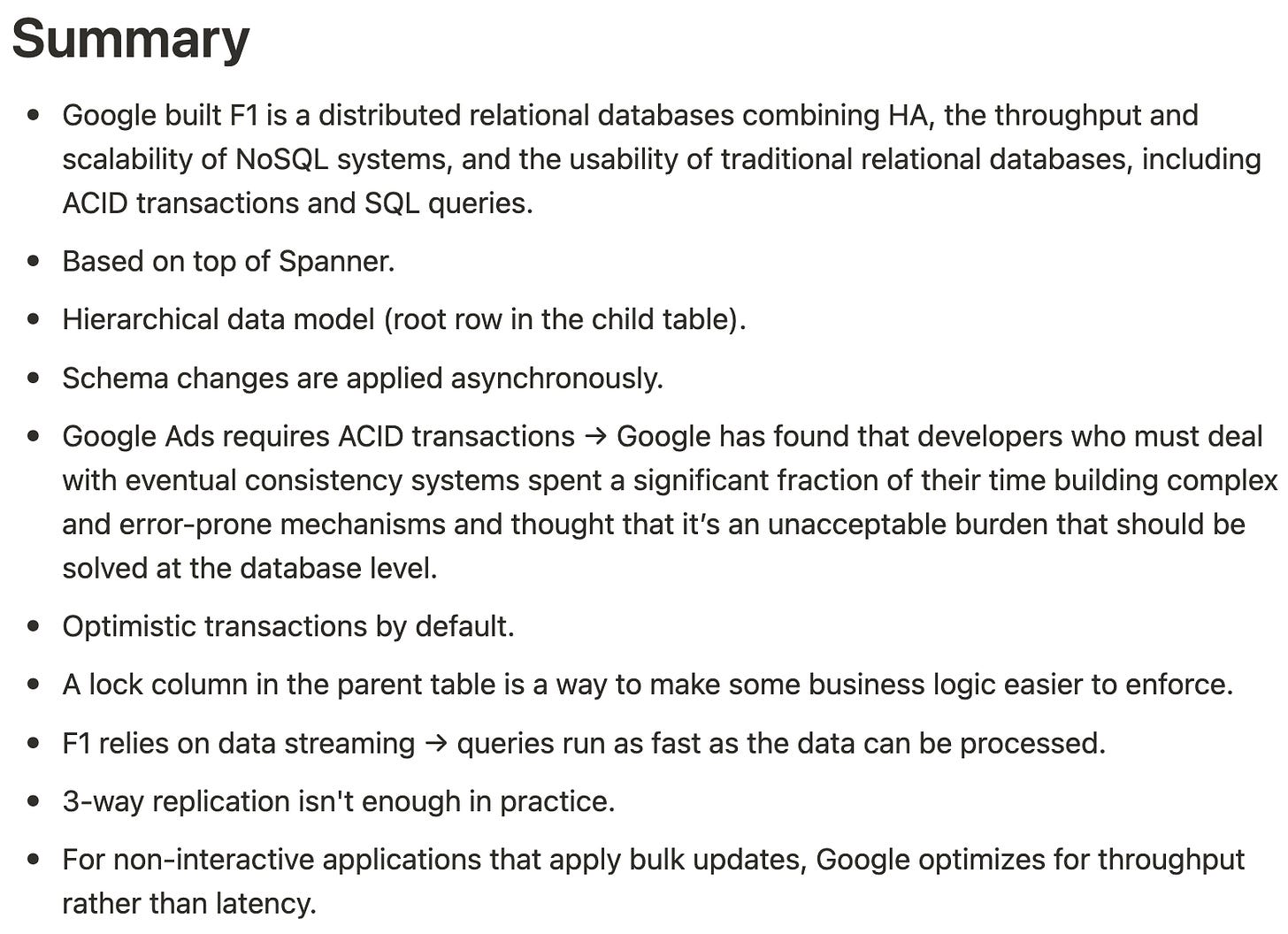 Summary section listing key takeaways from the F1 whitepaper, including database structure, performance trade-offs, and system behaviors.